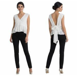 ⭐New M Women's white blouse Party night out shoulder pads Backless Knot v-neck